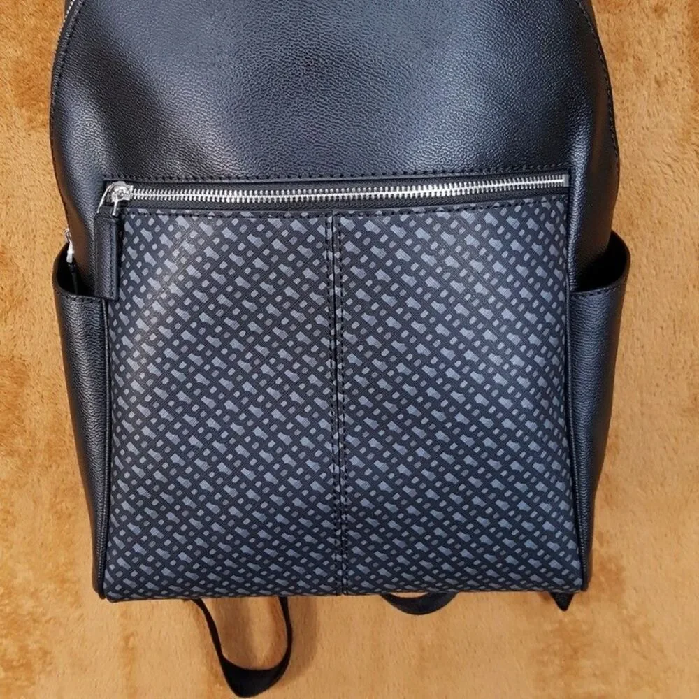 HUGO BOSS Mens Backpack Black Regenerated Leather Monogram Front Pocket ZAIR